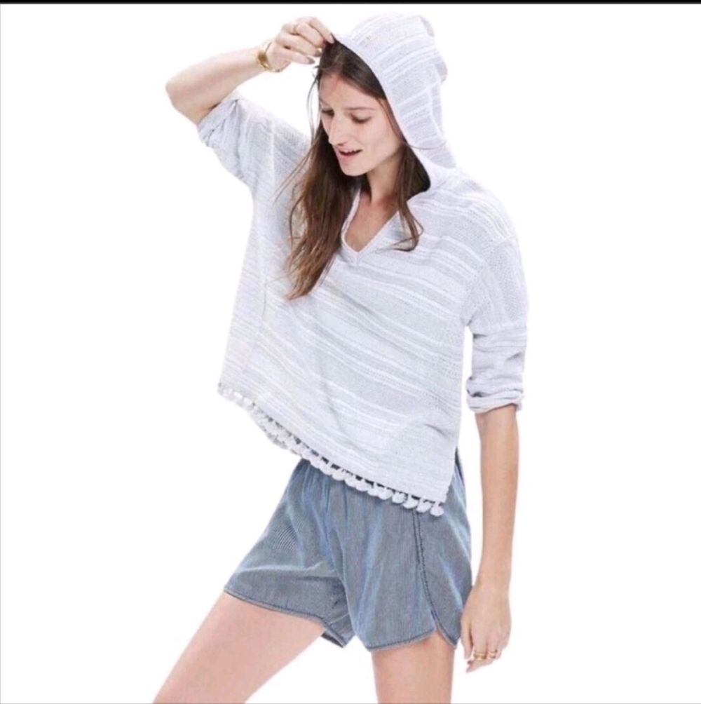 Madewell Women's Cropped gray fringe hooded knit sweater Pullover Sz XS/Small